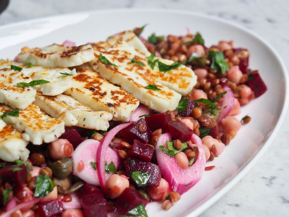 store cupboard halloumi salad on platter