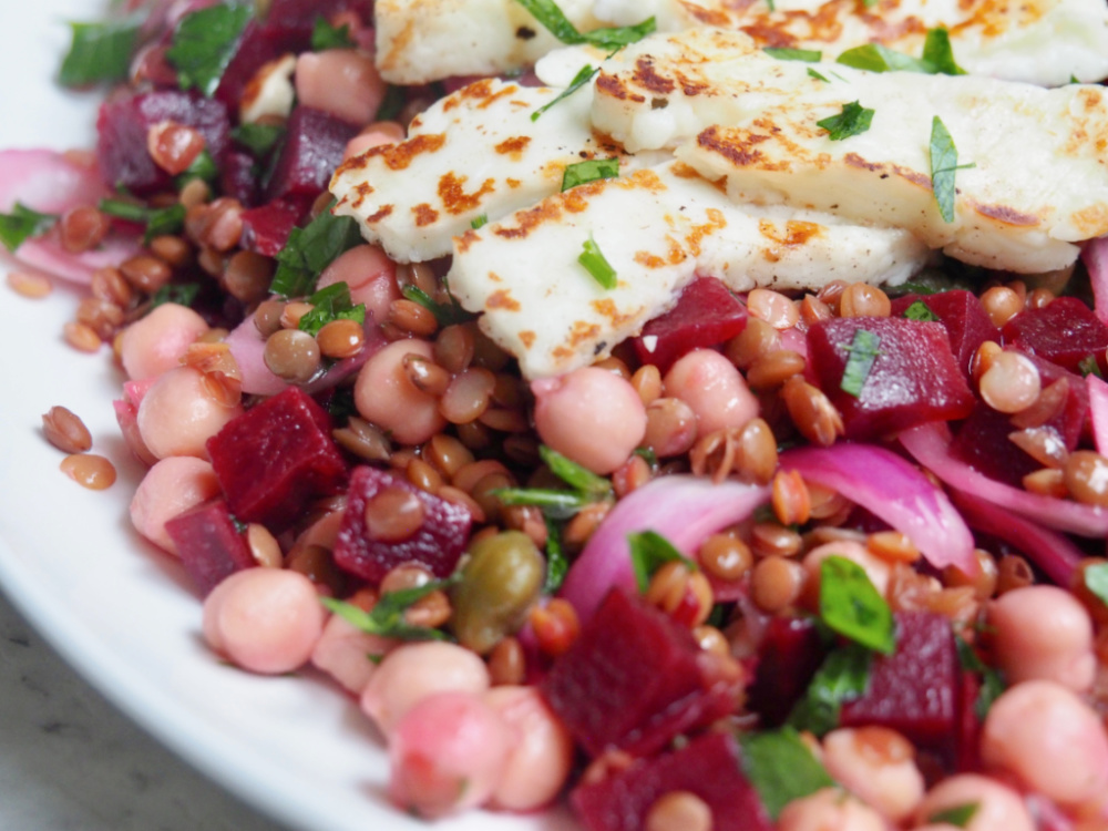 close up store cupboard halloumi salad