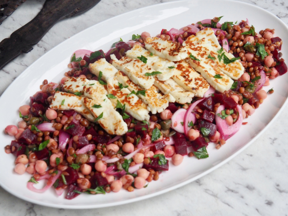 store cupboard halloumi salad on platter