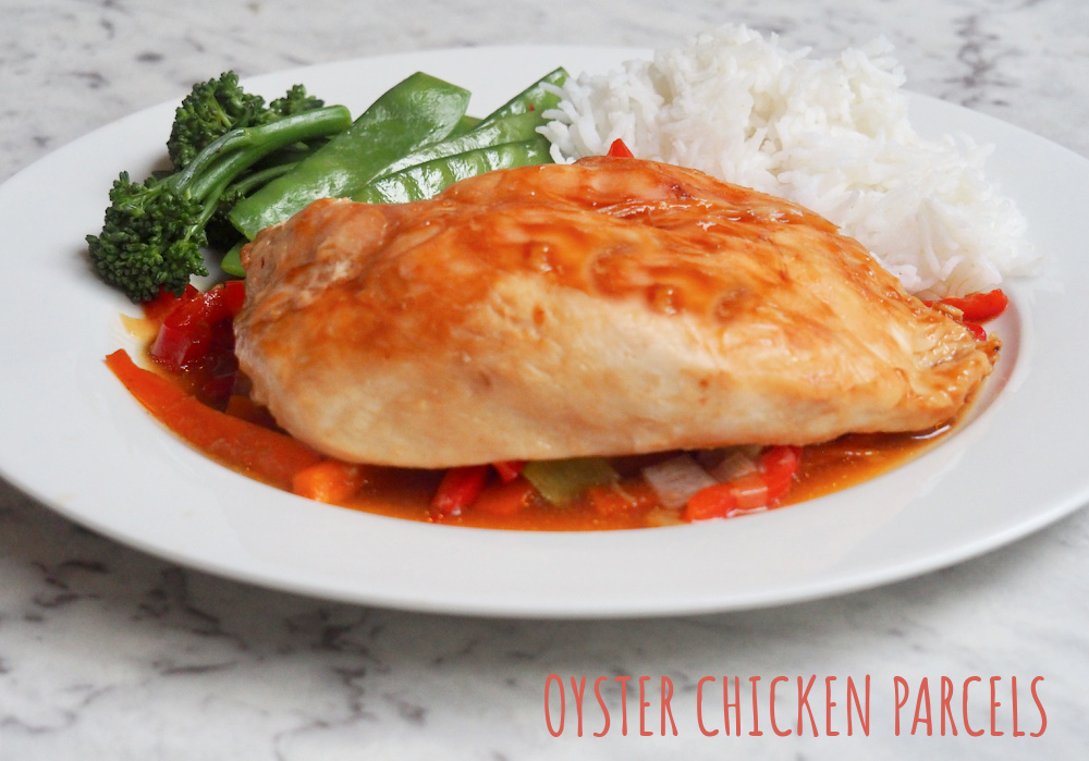 oyster chicken parcels with rice and steamed greens