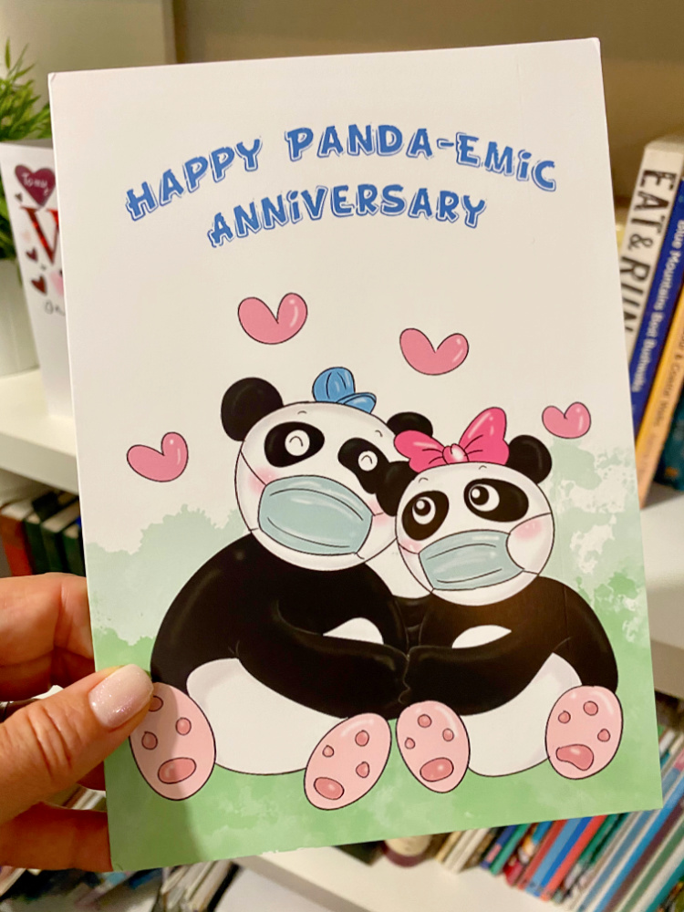 pandemic anniversary card with two pandas on the front