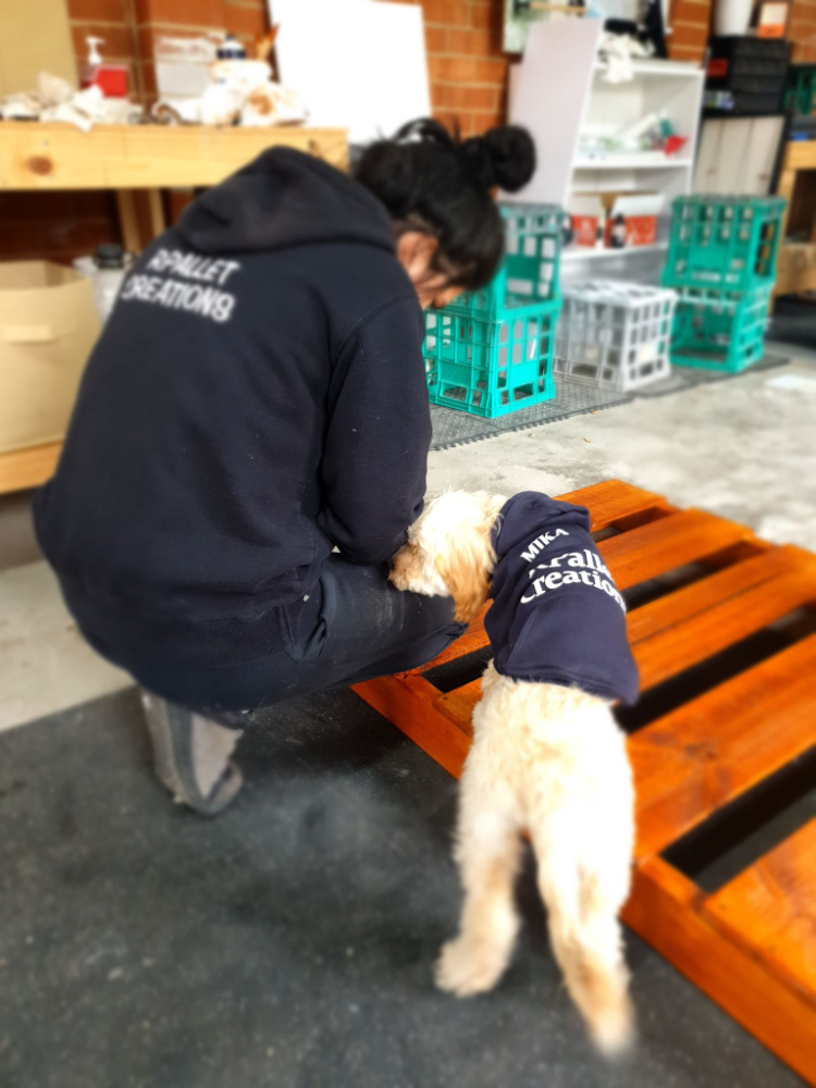 dog helping woman do woodwork