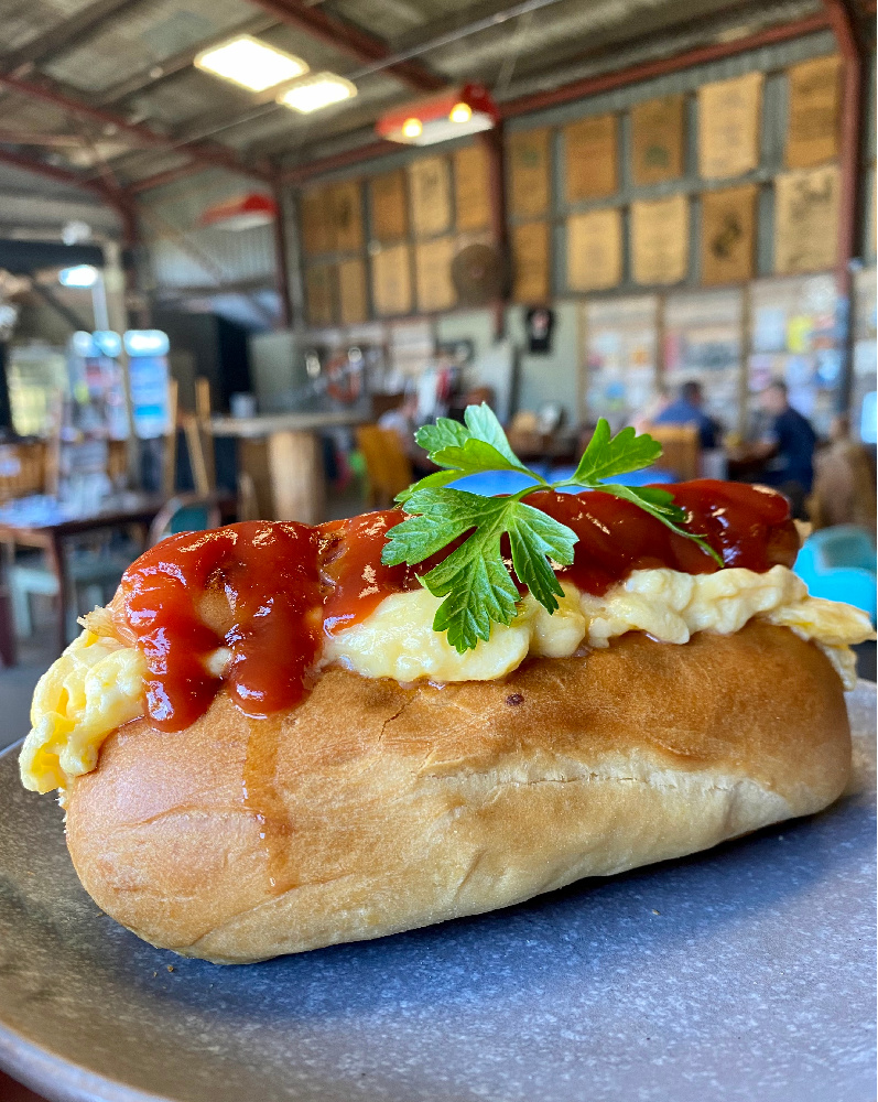 japanese sausage roll with scrambled egg and ketchup