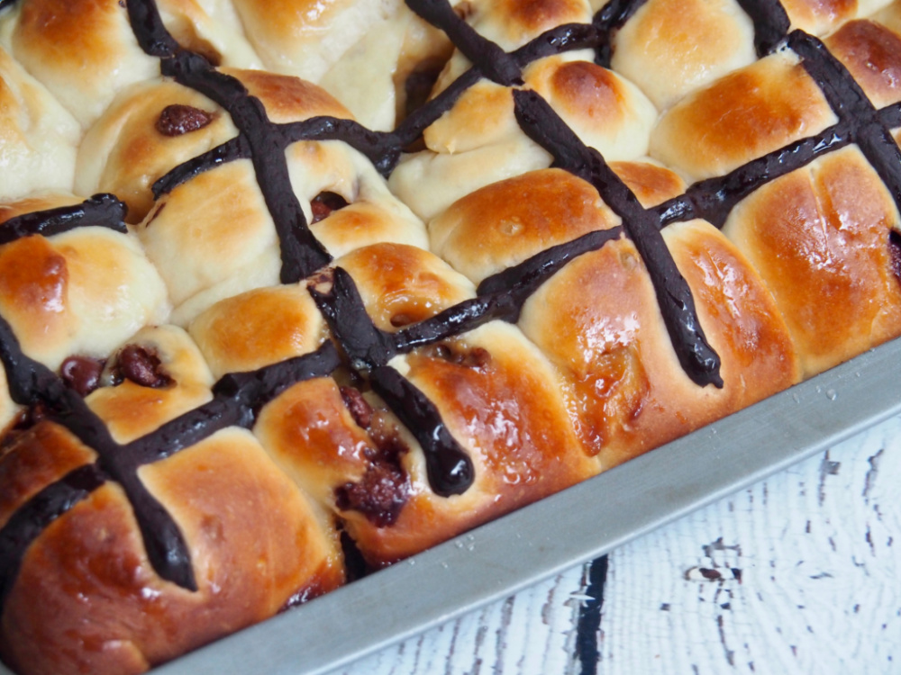 choc fudge hot cross buns in tray