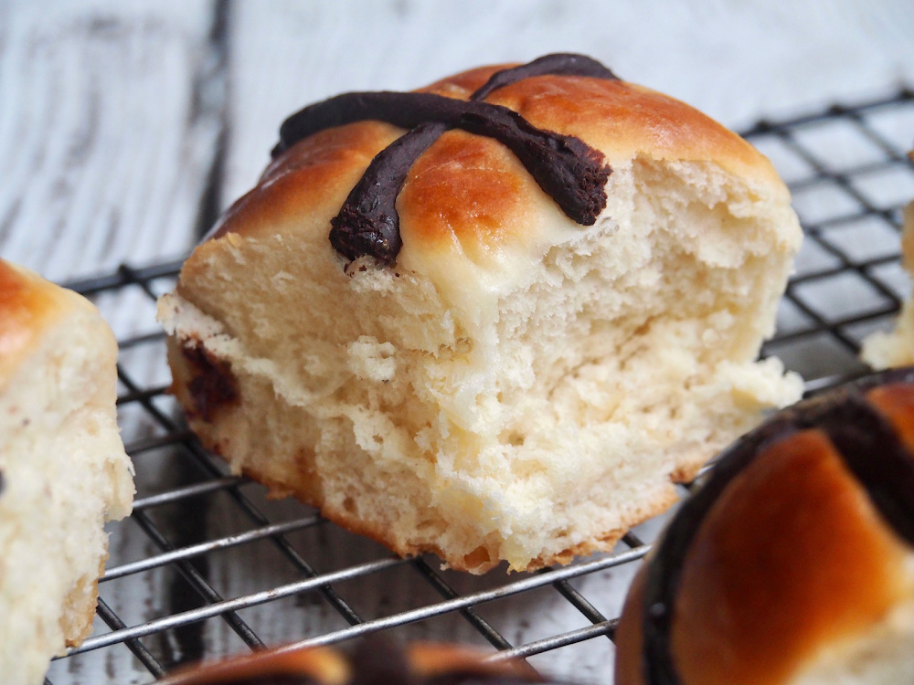 choc fudge hot cross bun inside view