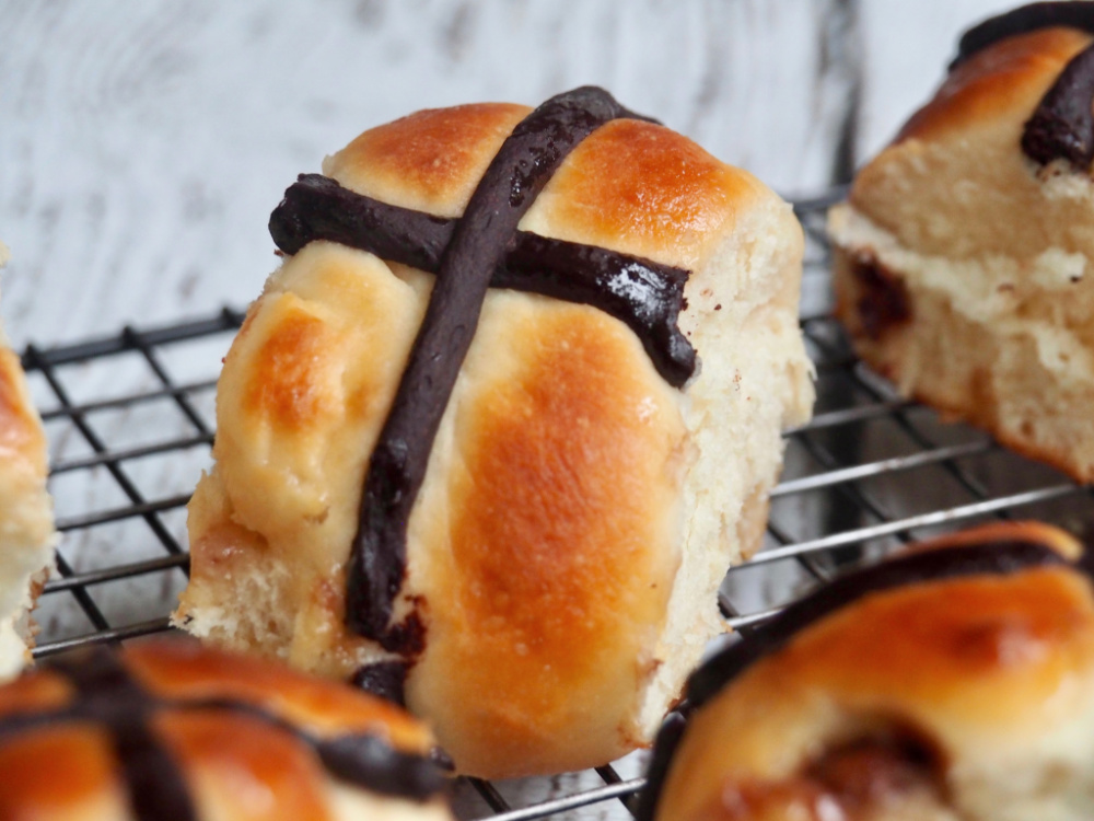 choc fudge hot cross bun close up