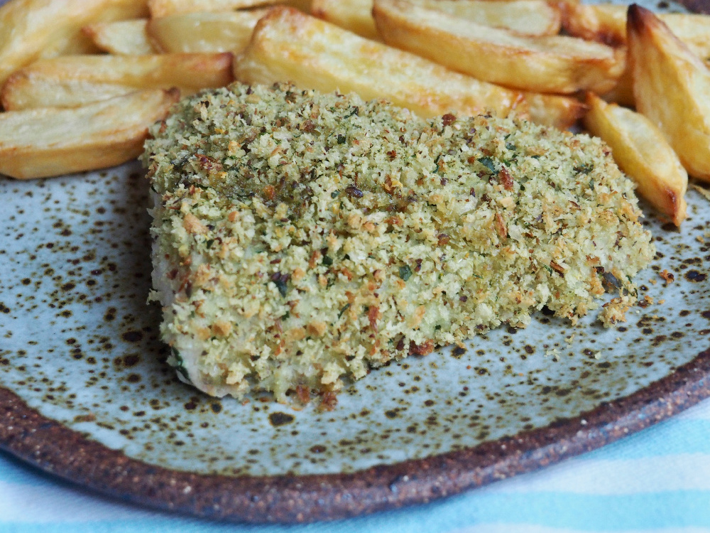 oven baked fish and chips on a plate