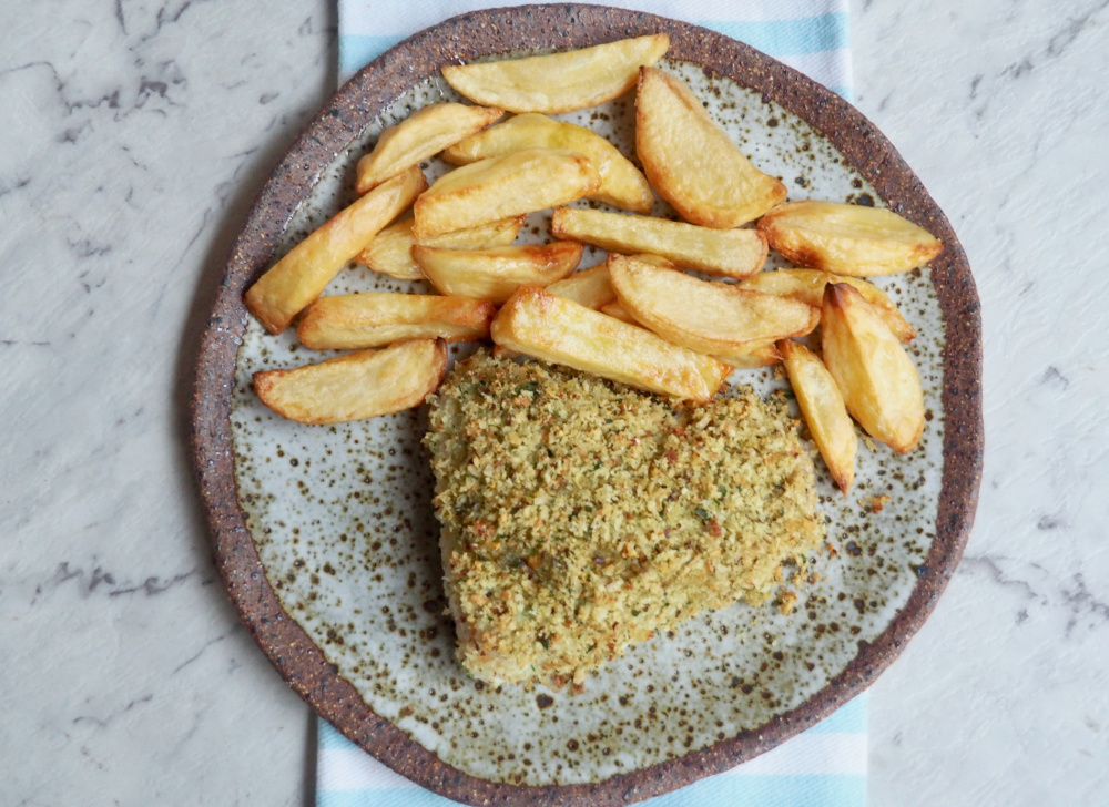 crumbed fish and handcut chips from above