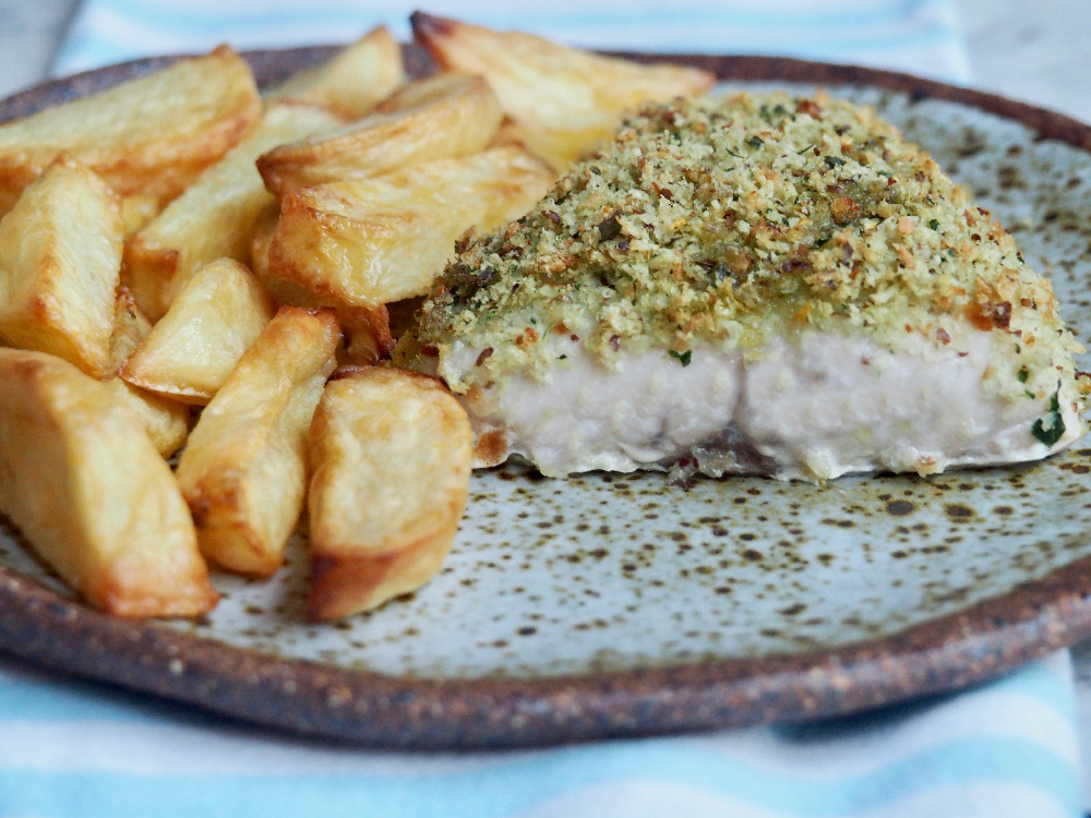 oven baked fish and chips side view