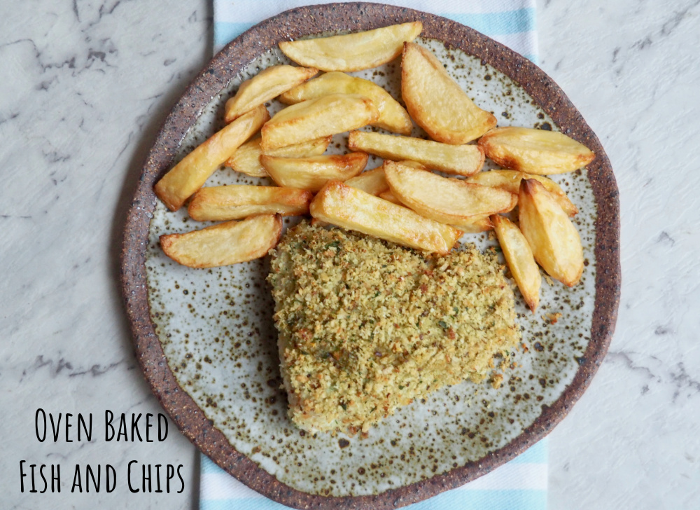 oven baked fish and chips on plate from above