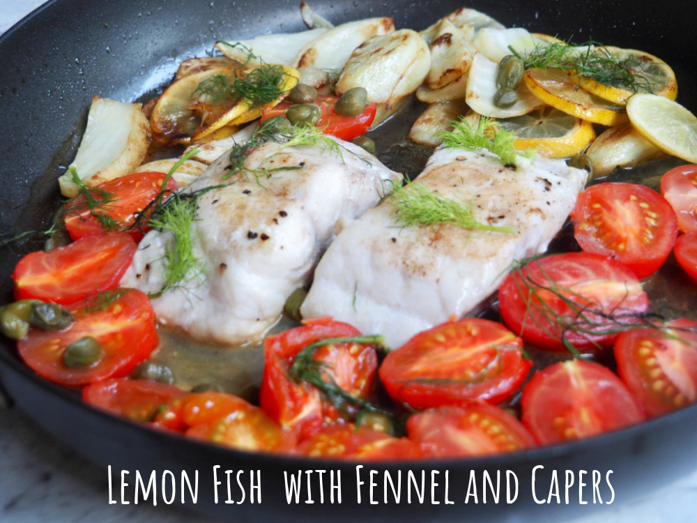 lemon and fish with fennel and capers in a pan