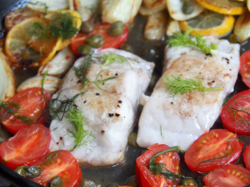 close up of lemon fish with fennel and capers