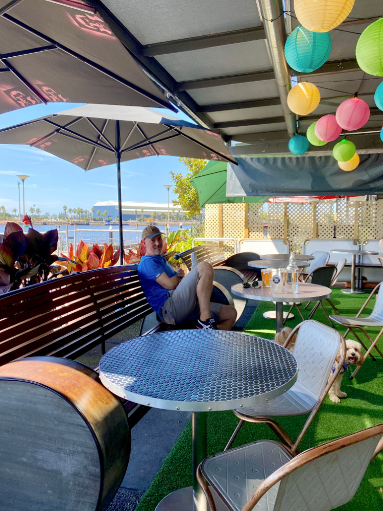 bar terrace with artificial grass and paper lanterns