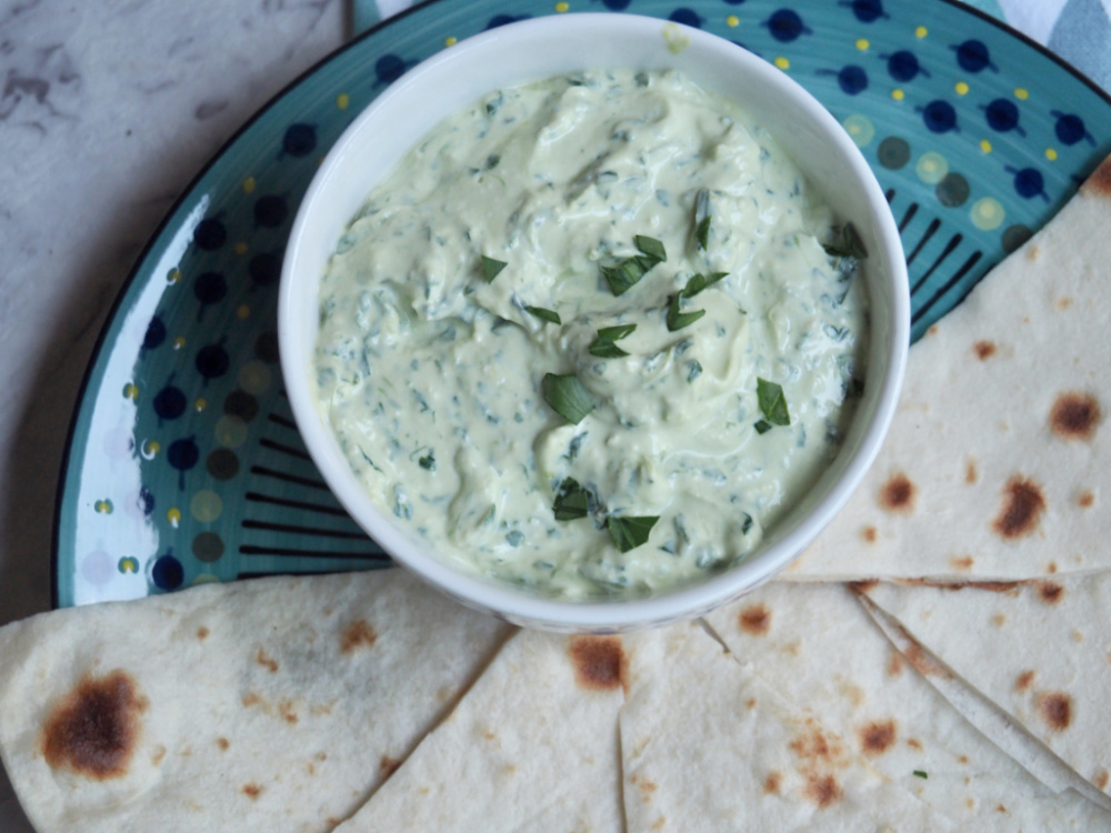 a bowl of spinach and feta dip from above