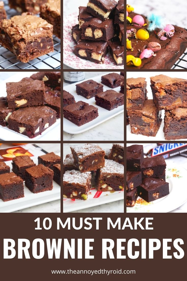 10 must make brownie recipes pin with 9 different images of brownies