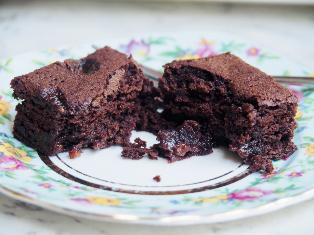 jam puddle brownie on small plate cut in half