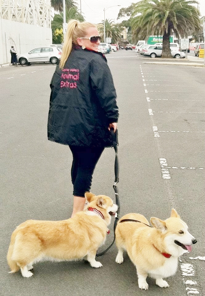 woman in black jacket leading two dogs behind her