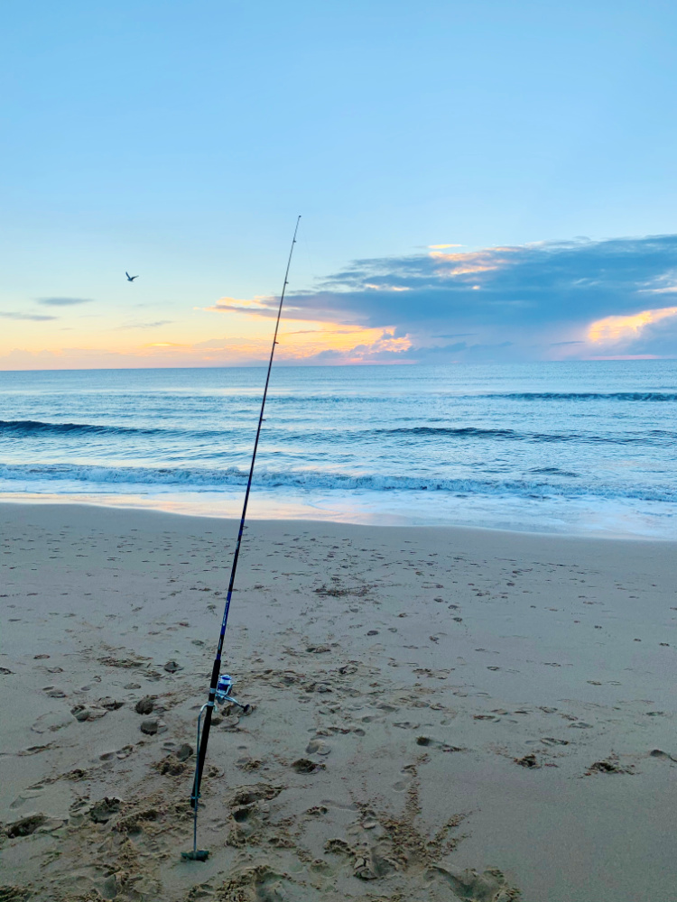 fishing rod stuck in sand next to ocean with sunrise