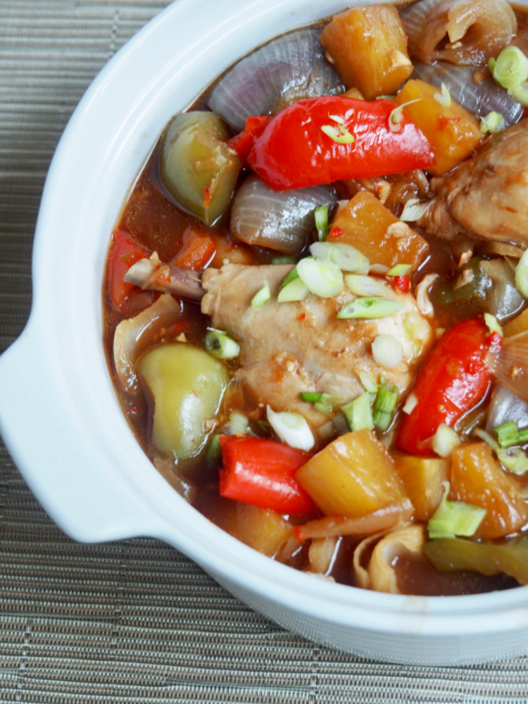 side view of dish of slow cooker sweet and sour chicken