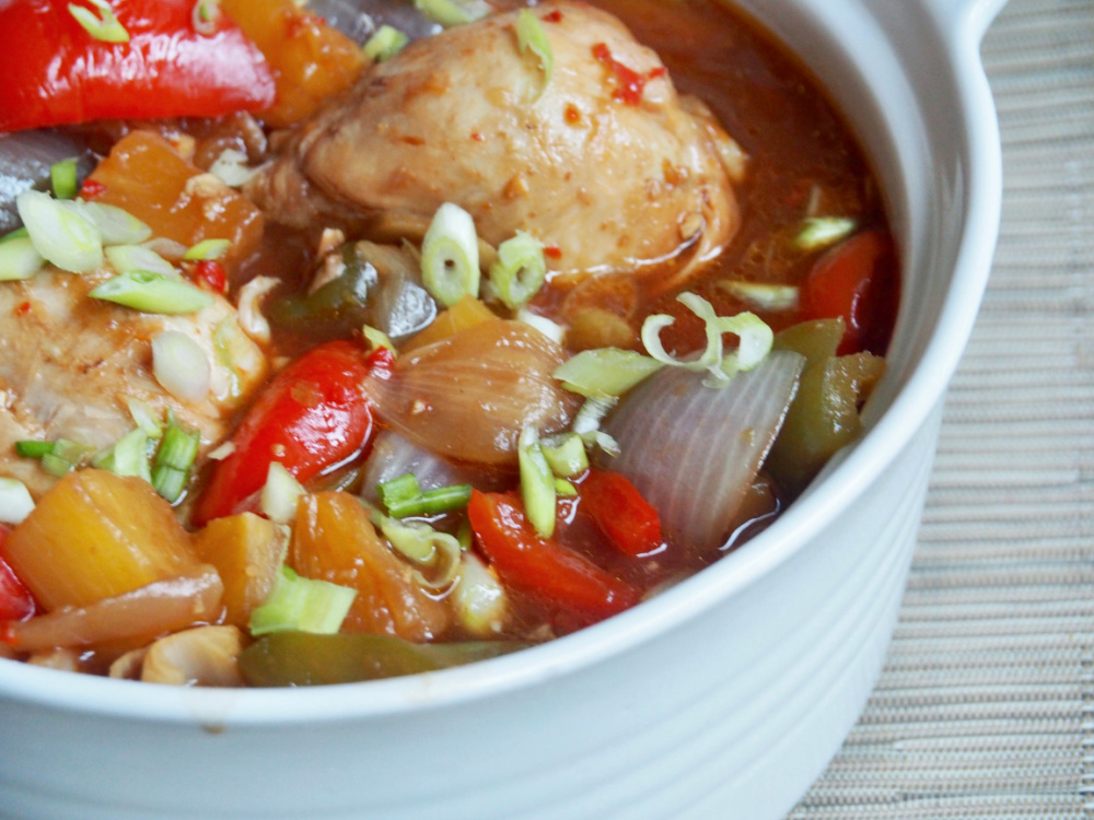 side view of slow cooker sweet and sour chicken