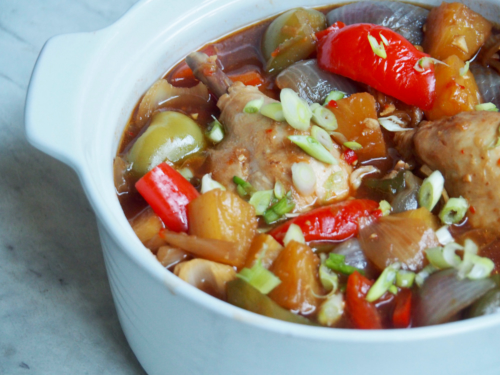 slow cooker sweet and sour chicken in casserole dish