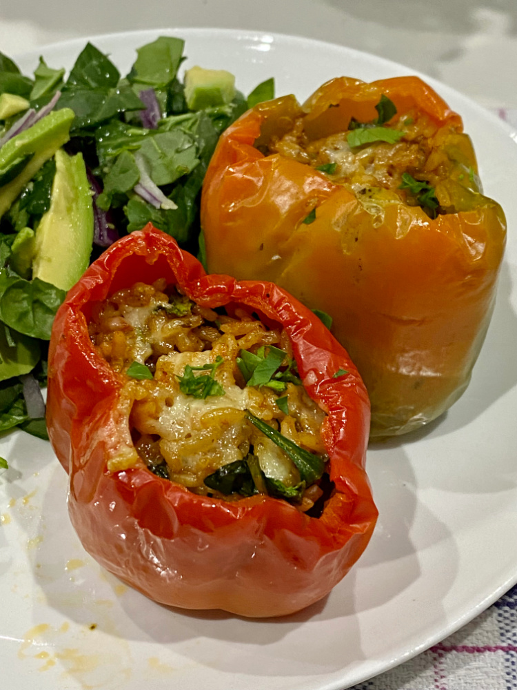 two pesto stuffed peppers