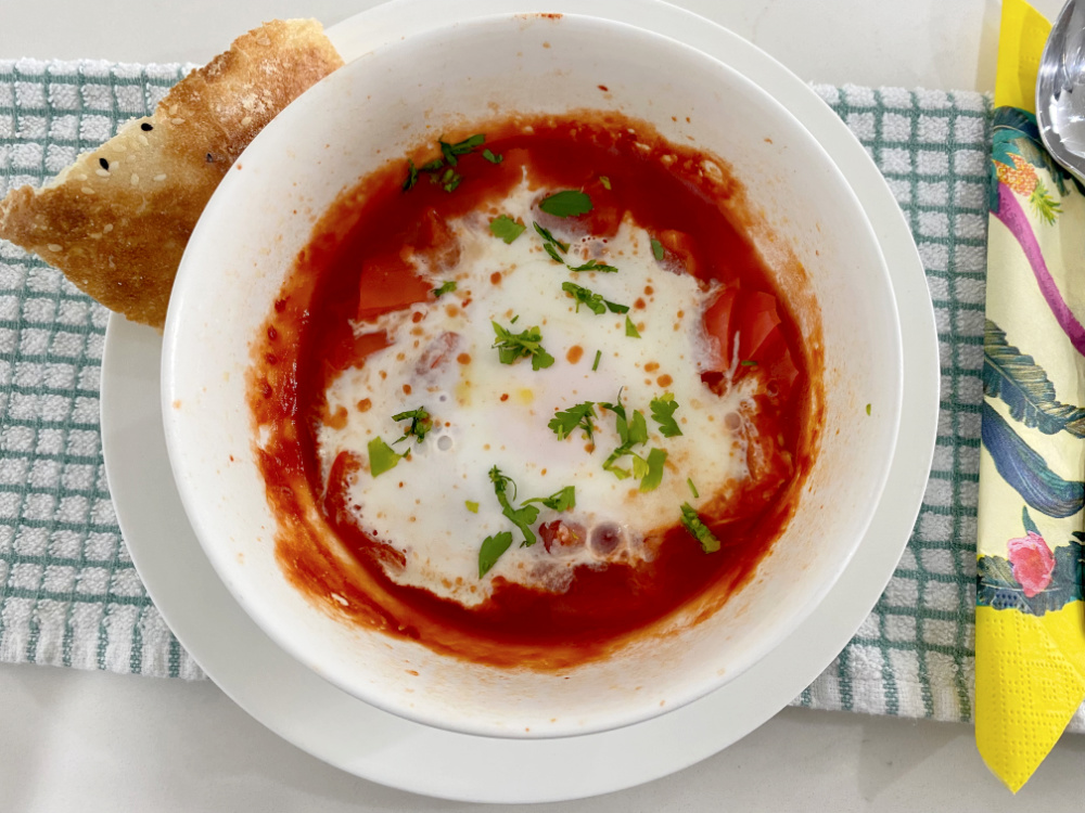 bowl of microwave shakshuka from above