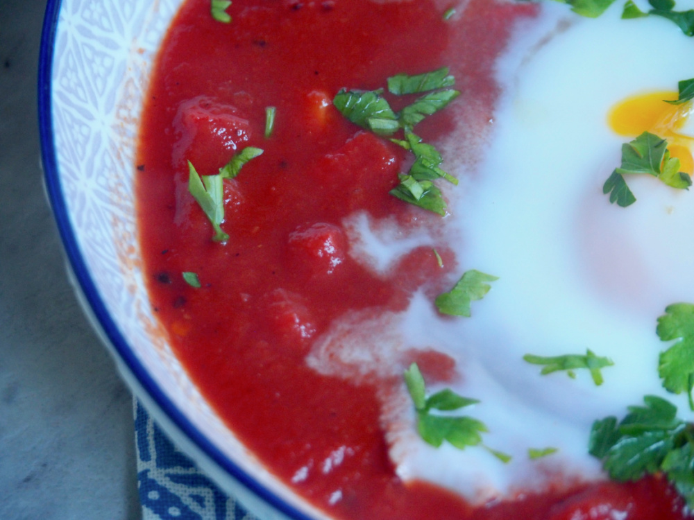 side view of shakshuka eggs