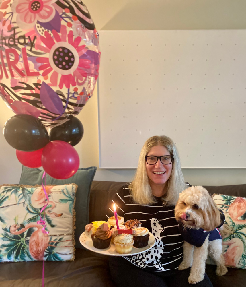 woman holding a plate of cupcakes cuddling a small cavapoo