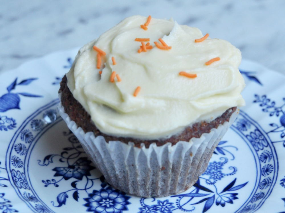 carrot cake cupcake on vintage plate