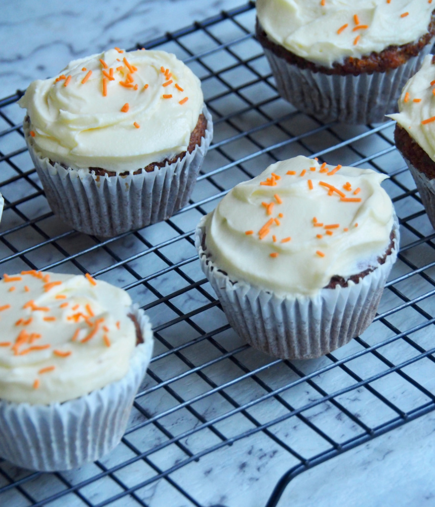 carrot cupcakes on cooling rack