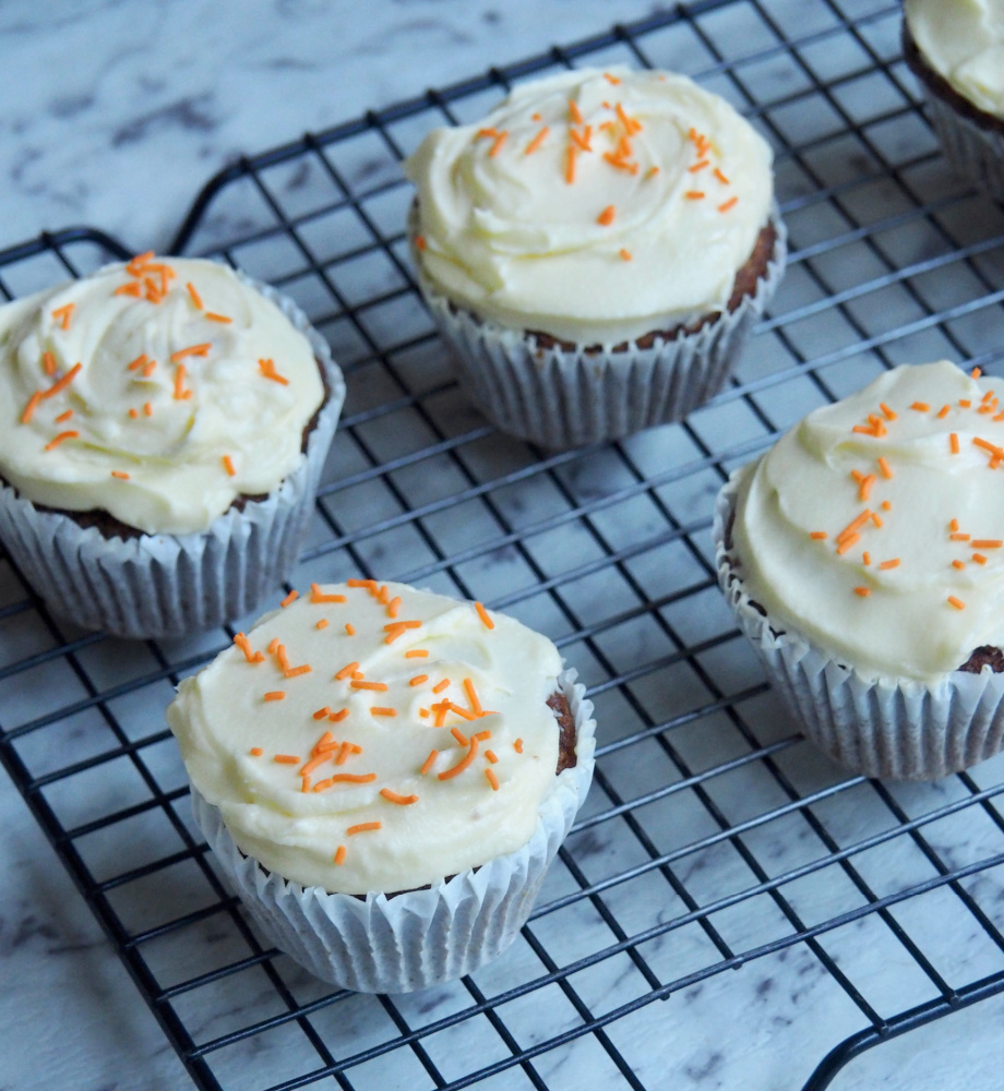 carrot cupcakes on cooling rack