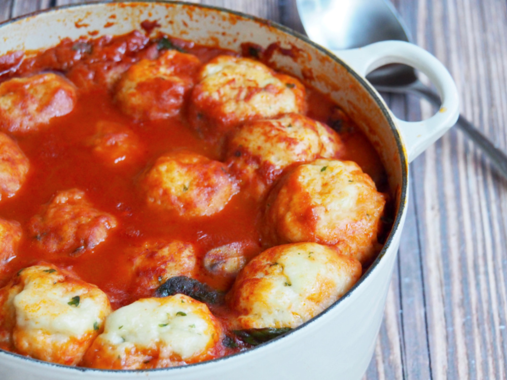 side view of pot of chicken and paprika stew