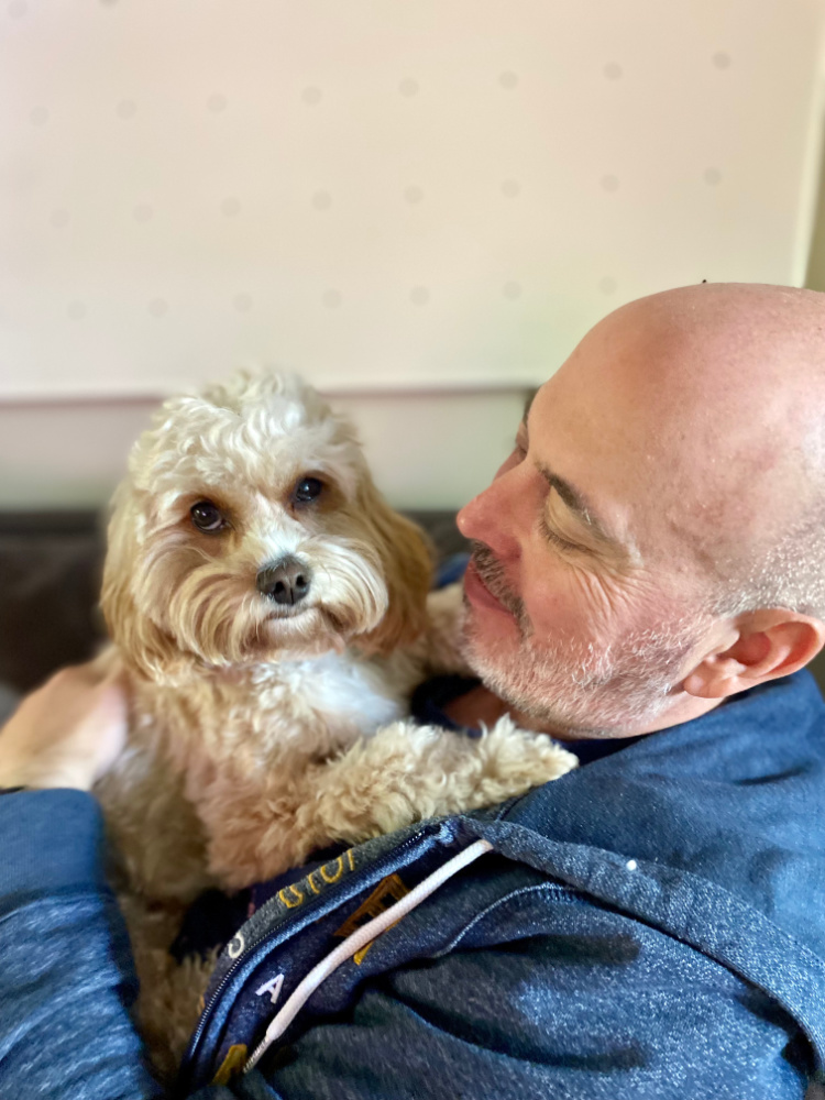 man lying on sofa and cuddling a cavoodle 