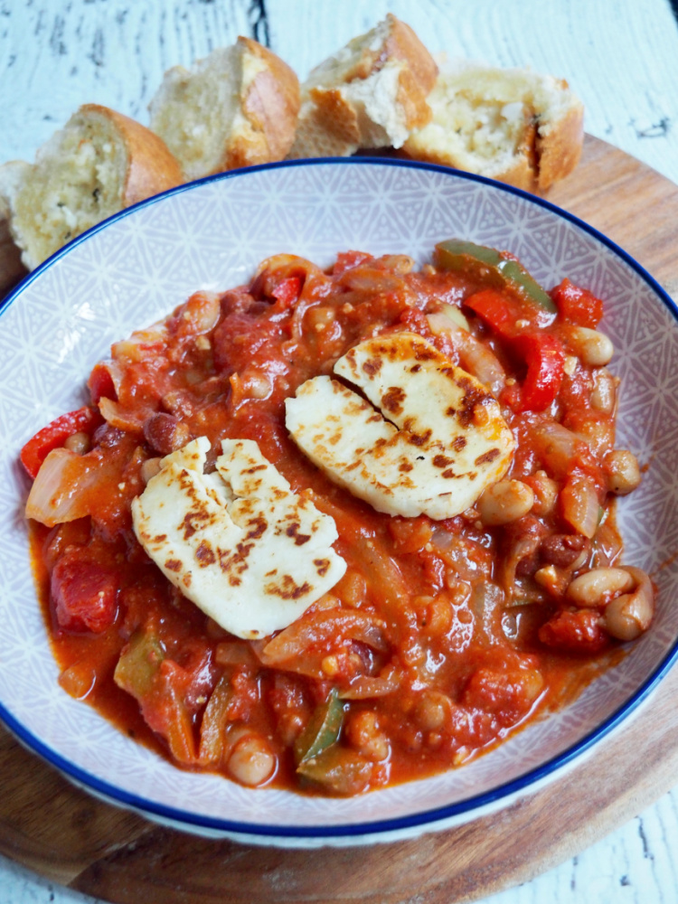 bowl of halloumi and bean stew from above