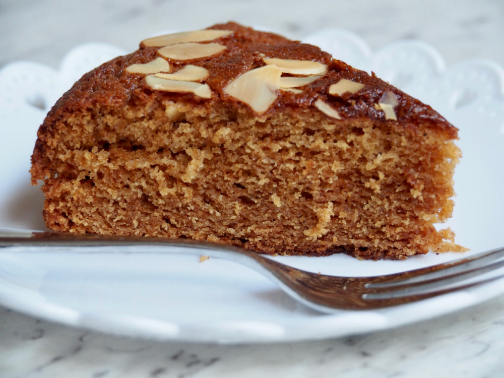 slice of dairy free honey cake with cake fork