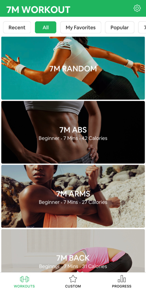 home screen of 7 minute workout app