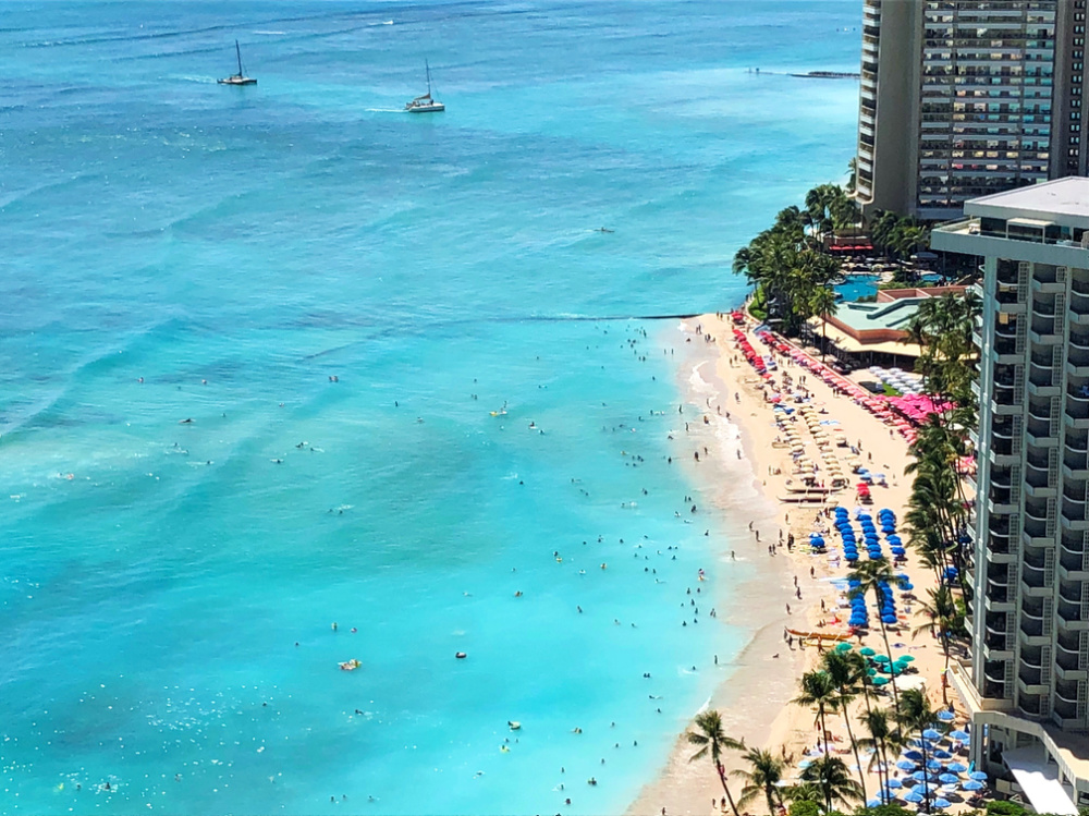 looking down on waikiki beach from hotel 