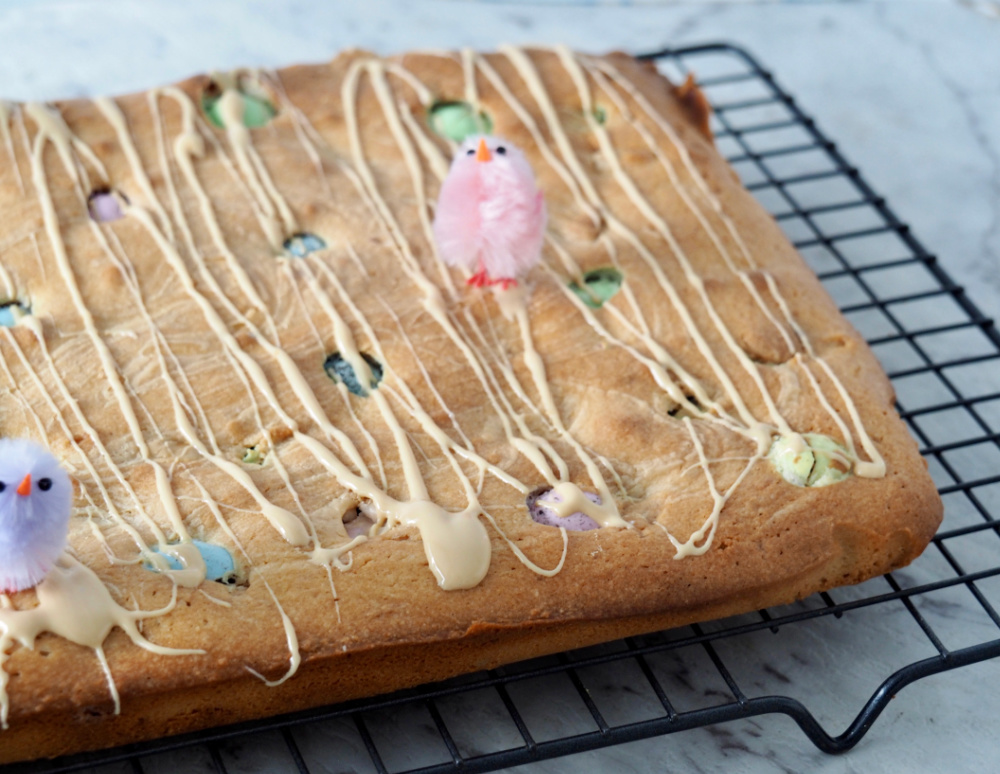 uncut caramilk blondies on cooling rack