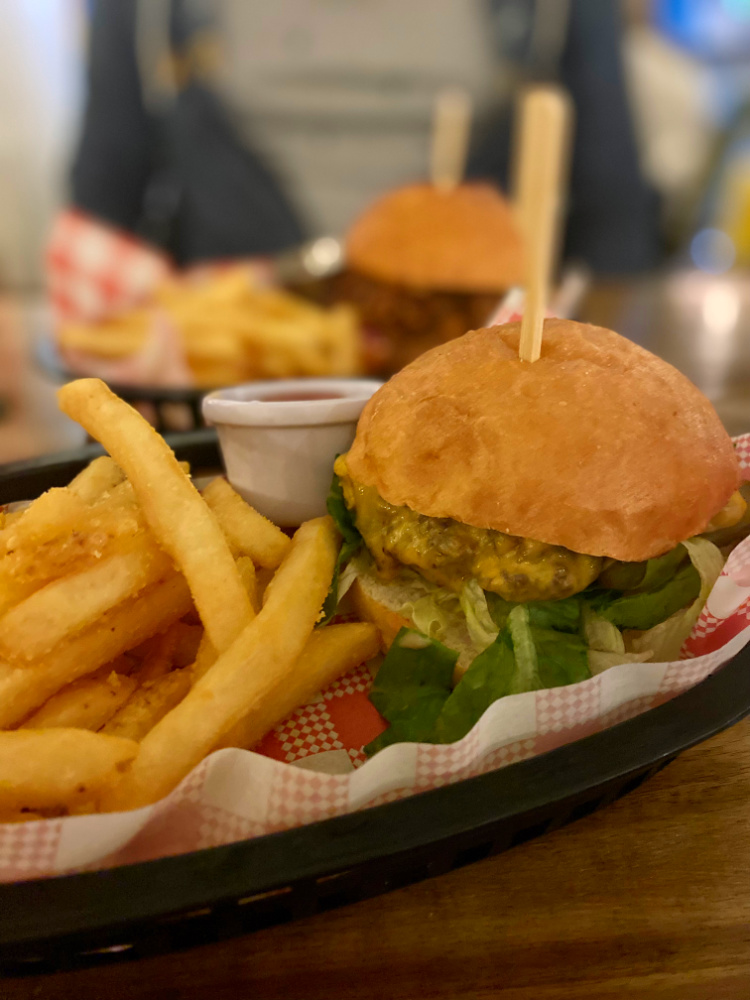burger and fries in plastic diner style dish