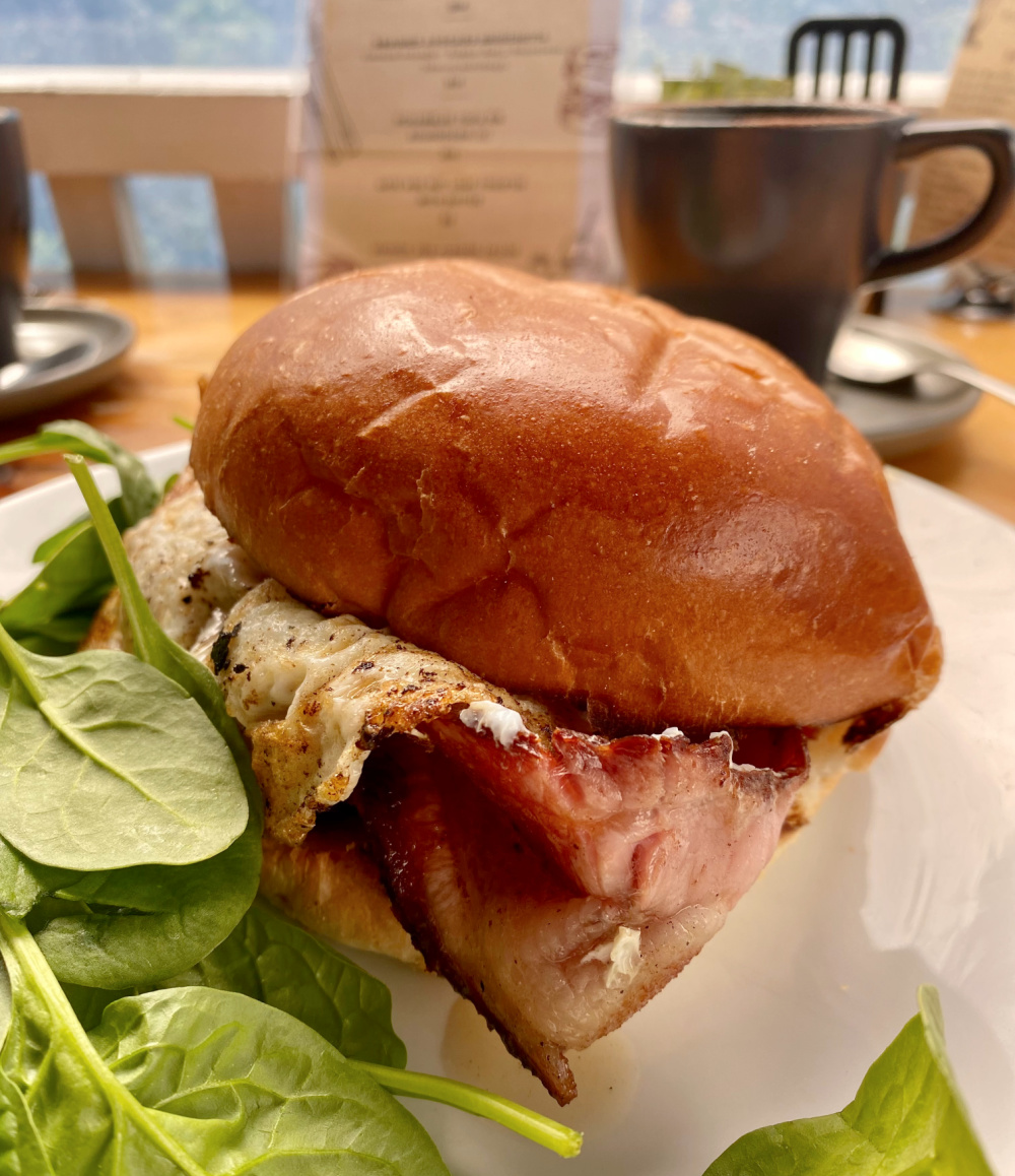 large bacon and egg roll in brioche bun on white plate surrounded by baby spinach leaves