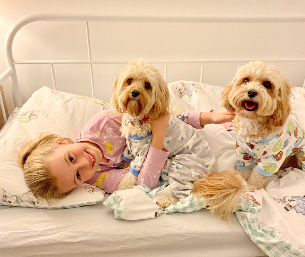 a young girl lying on a day bed with two cavoodles next to her. They are all wearing pyjamas.