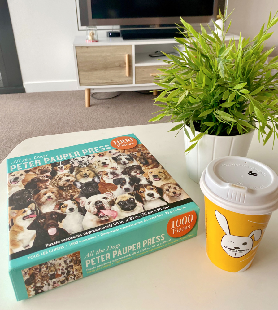 a dog puzzle, a cup of take away coffee and a small artificial plant on a white table