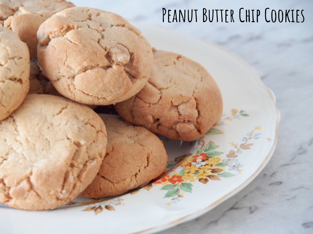 side view of a plate of peanut butter chip cookies