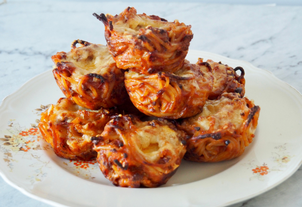 spaghetti bolognese muffins on cream vintage plate