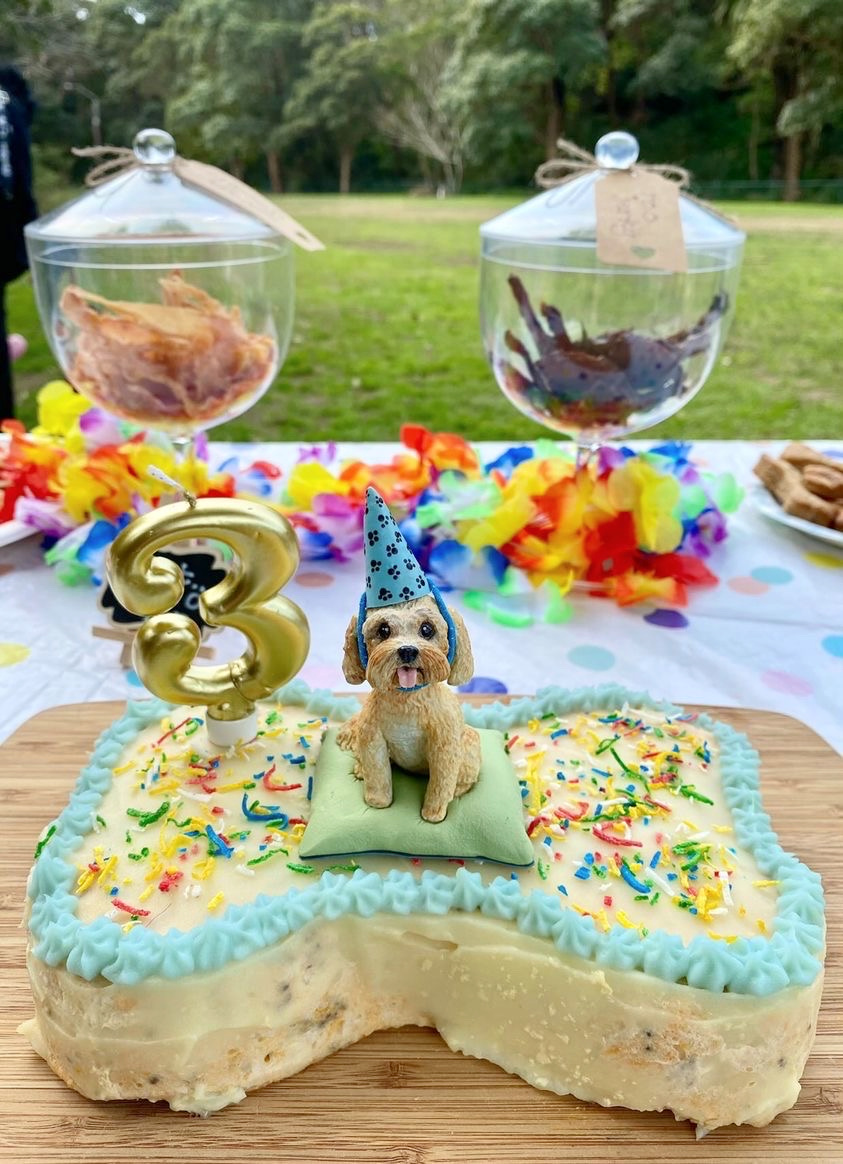 a bone shaped cake with piped blue icing, covered in sprinkles, with a number 3 candle and a clay cavoodle cake topper