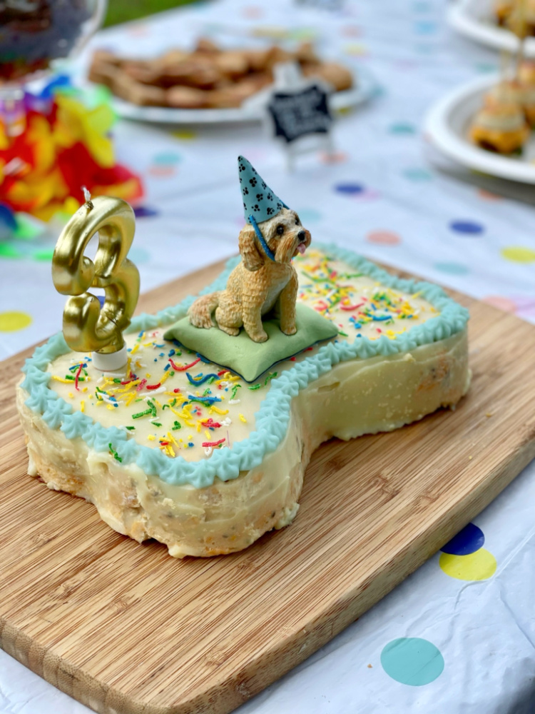 bone shaped dog cake topped with sprinkles, a number 3 candle and a cavoodle clay cake topper