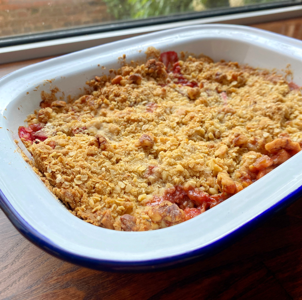 rhubarb crumble in enamel baking tin