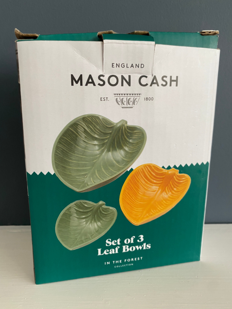 box of 3 mason cash in the forest leaf dishes