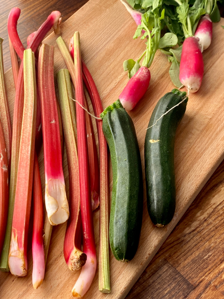 rhubarb stalks, 2 zucchini and 2 radishes on a wooden chopping board